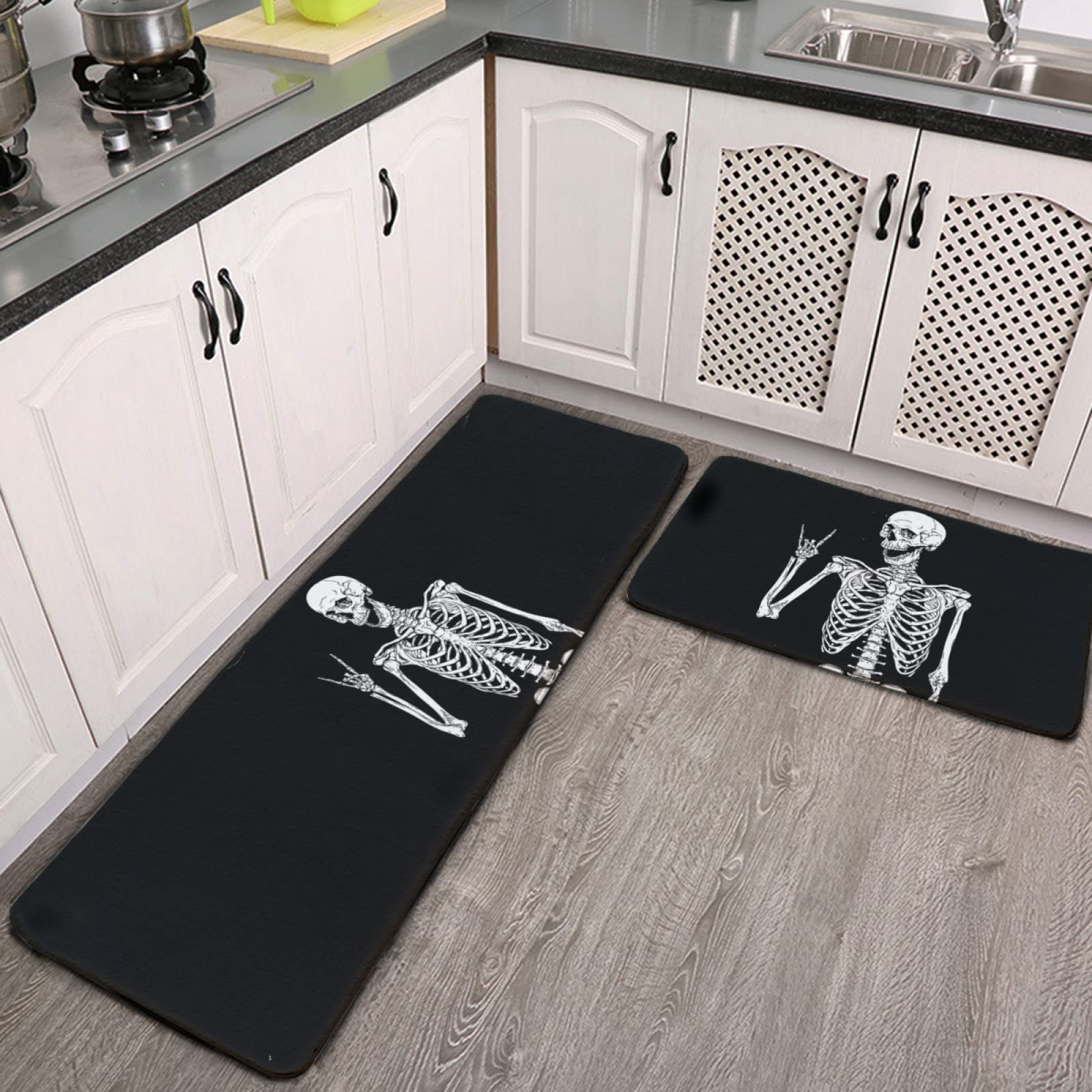 YouTary Rock and Roll Skeleton Skull Boho Hippie Pattern Kitchen Rug Set 2 PCS Floor Mats Washable Non-Slip Soft Flannel Runner Rug Doormat Carpet for Kitchen Bathroom Laundry