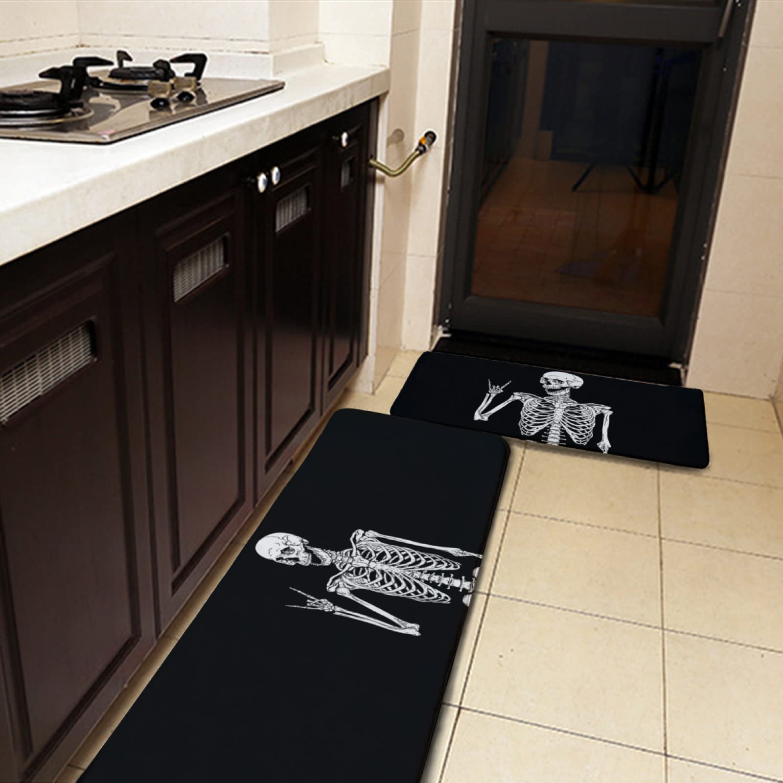 YouTary Rock and Roll Skeleton Skull Boho Hippie Pattern Kitchen Rug Set 2 PCS Floor Mats Washable Non-Slip Soft Flannel Runner Rug Doormat Carpet for Kitchen Bathroom Laundry