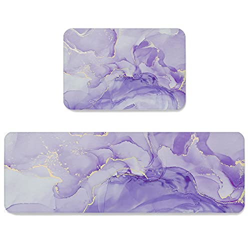 Kitchen Mat Set of 2,Marble Purple Non Slip Kitchen Rugs and Mats for Floor,Gradient Abstract Painting Golden Line Absorbent Bath Runner Rug Set Washable Floor Mats for Home Entrance/Kitchen Sink