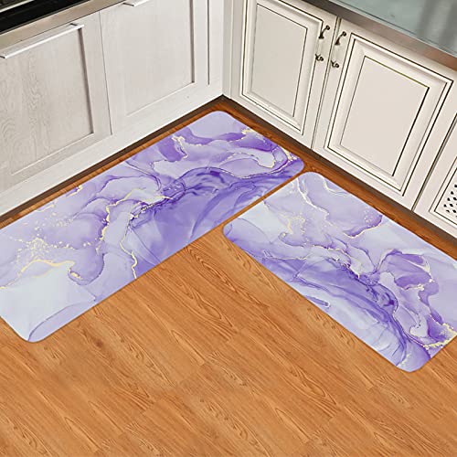 Kitchen Mat Set of 2,Marble Purple Non Slip Kitchen Rugs and Mats for Floor,Gradient Abstract Painting Golden Line Absorbent Bath Runner Rug Set Washable Floor Mats for Home Entrance/Kitchen Sink