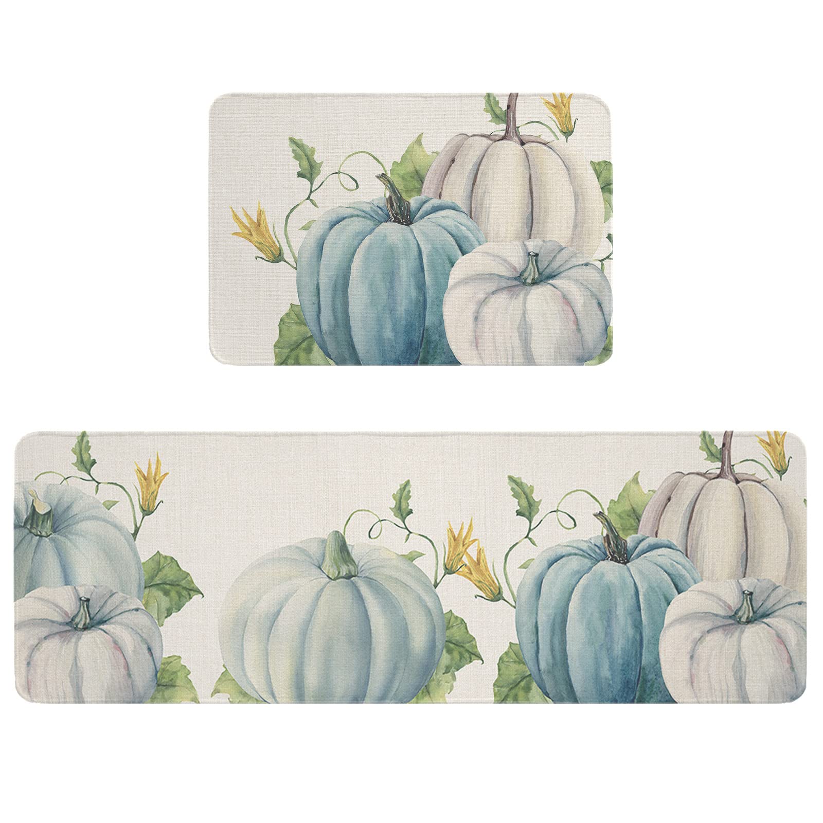 Blue Grey Pumpkins Fall Kitchen Mats and Rugs Set of 2 Floral Leaves Thanksgiving Washable Absorbent Kitchen Runner Rug Rustic Burlap Print Carpet Anti-Fatigue Comfort Mat for Kitchen Bathroom Laundry