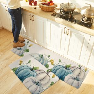 Blue Grey Pumpkins Fall Kitchen Mats and Rugs Set of 2 Floral Leaves Thanksgiving Washable Absorbent Kitchen Runner Rug Rustic Burlap Print Carpet Anti-Fatigue Comfort Mat for Kitchen Bathroom Laundry