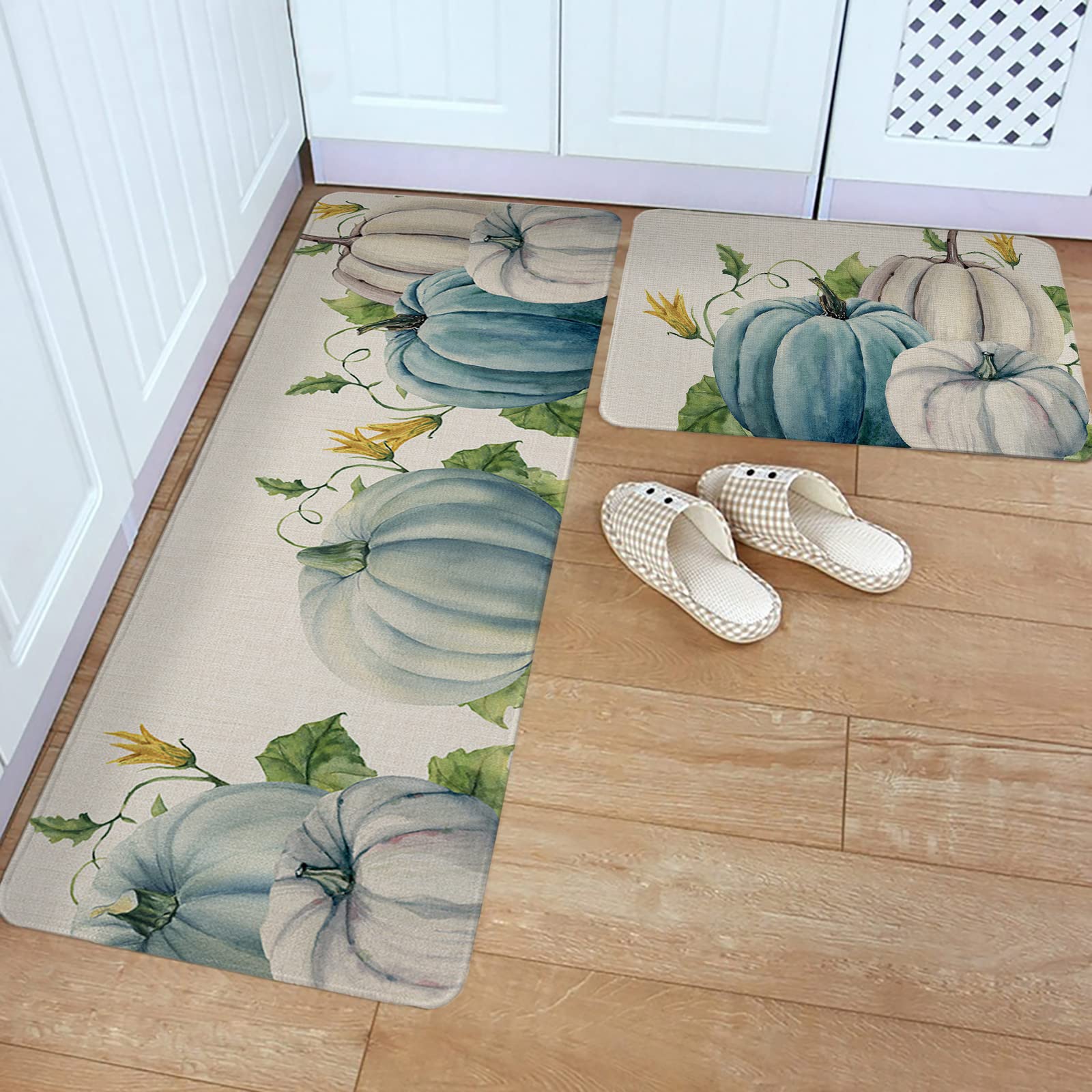 Blue Grey Pumpkins Fall Kitchen Mats and Rugs Set of 2 Floral Leaves Thanksgiving Washable Absorbent Kitchen Runner Rug Rustic Burlap Print Carpet Anti-Fatigue Comfort Mat for Kitchen Bathroom Laundry