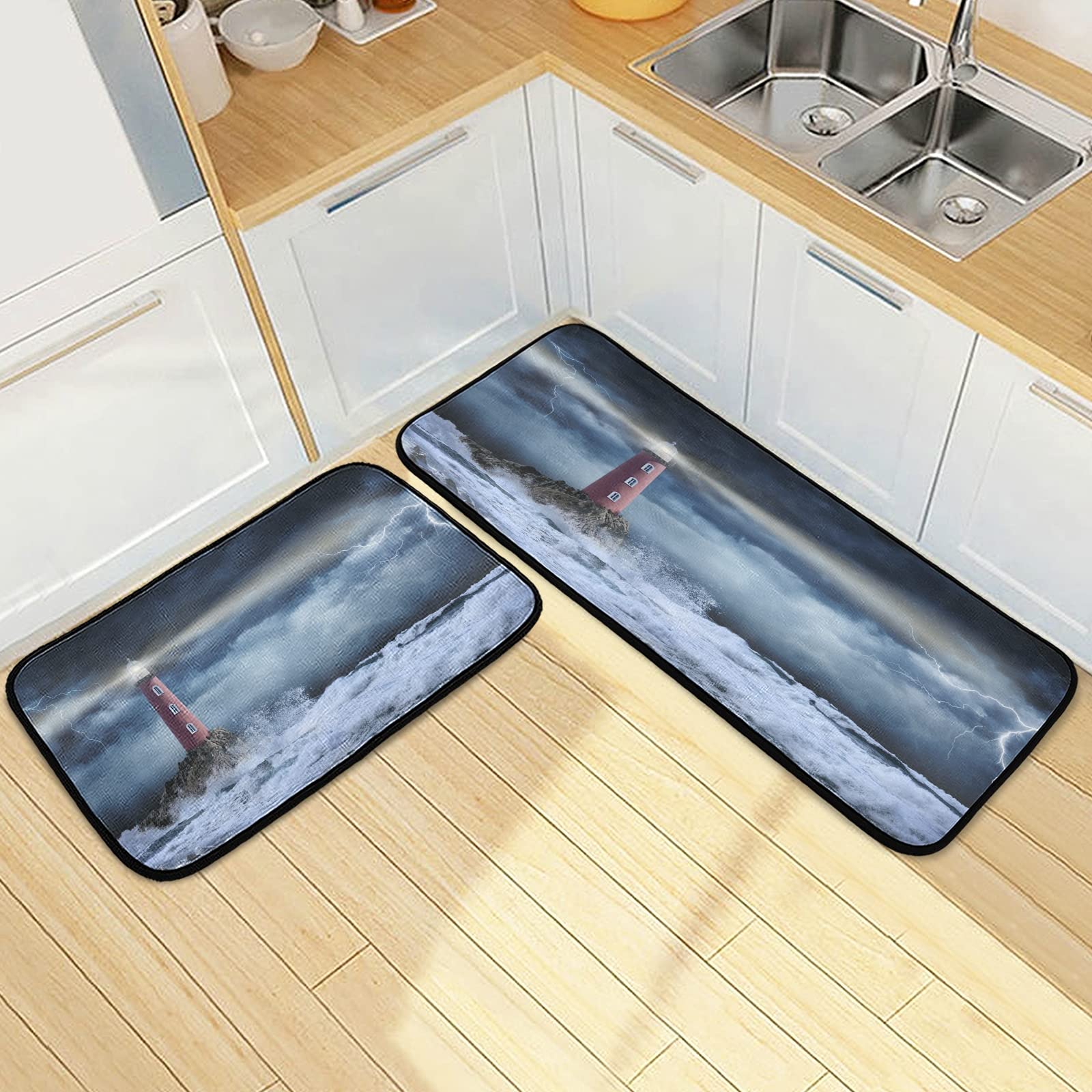 xigua 2 Pieces Stormy Landscape Lighthouse Kitchen Rugs and Mats Set Absorbent Soft Microfiber Bath Mat Non-Slip Doormat Laundry Runner Set, 19.7"x47.2"+19.7"x27.6"