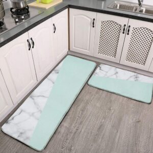 midetoy kitchen rugs and mats set real white marble half pastel mint green anti fatigue kitchen rug non slip floor rugs indoor outdoor 17"x48"+17"x24"
