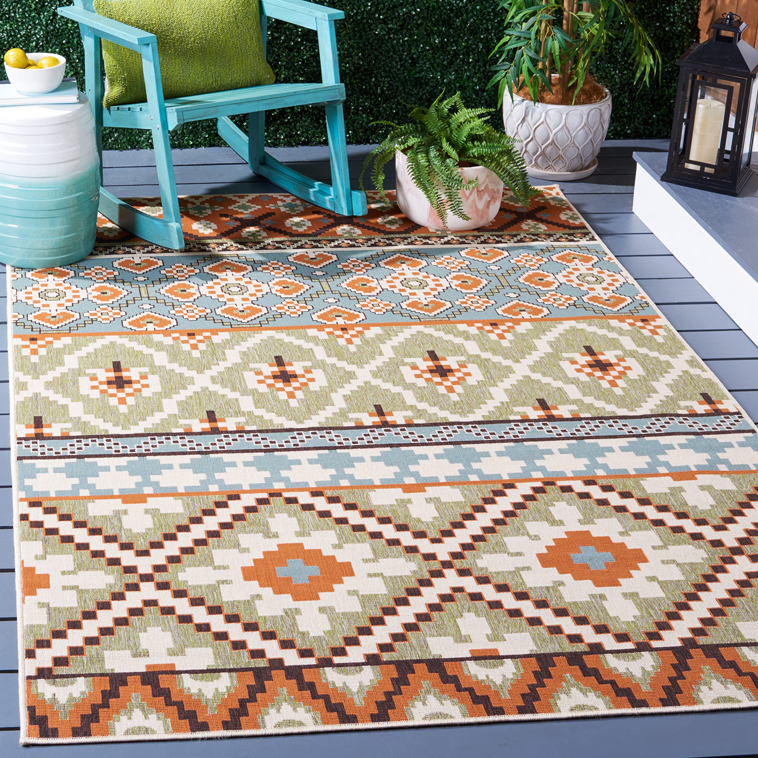 SAFAVIEH Veranda Collection Area Rug - 6'7" x 9'6", Green & Terracotta, Boho Design, Non-Shedding & Easy Care, Indoor/Outdoor & Washable-Ideal for Patio, Backyard, Mudroom (VER097-0745)