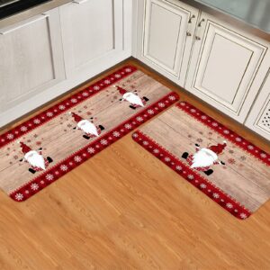 kithome gnome christmas kitchen mats sets 2 piece,xmas happy gnome snowflake rustic wooden grain kitchen rugs and mats non-slip washable runner carpets for christmas decorations, 20" x 24"+20" x 48"