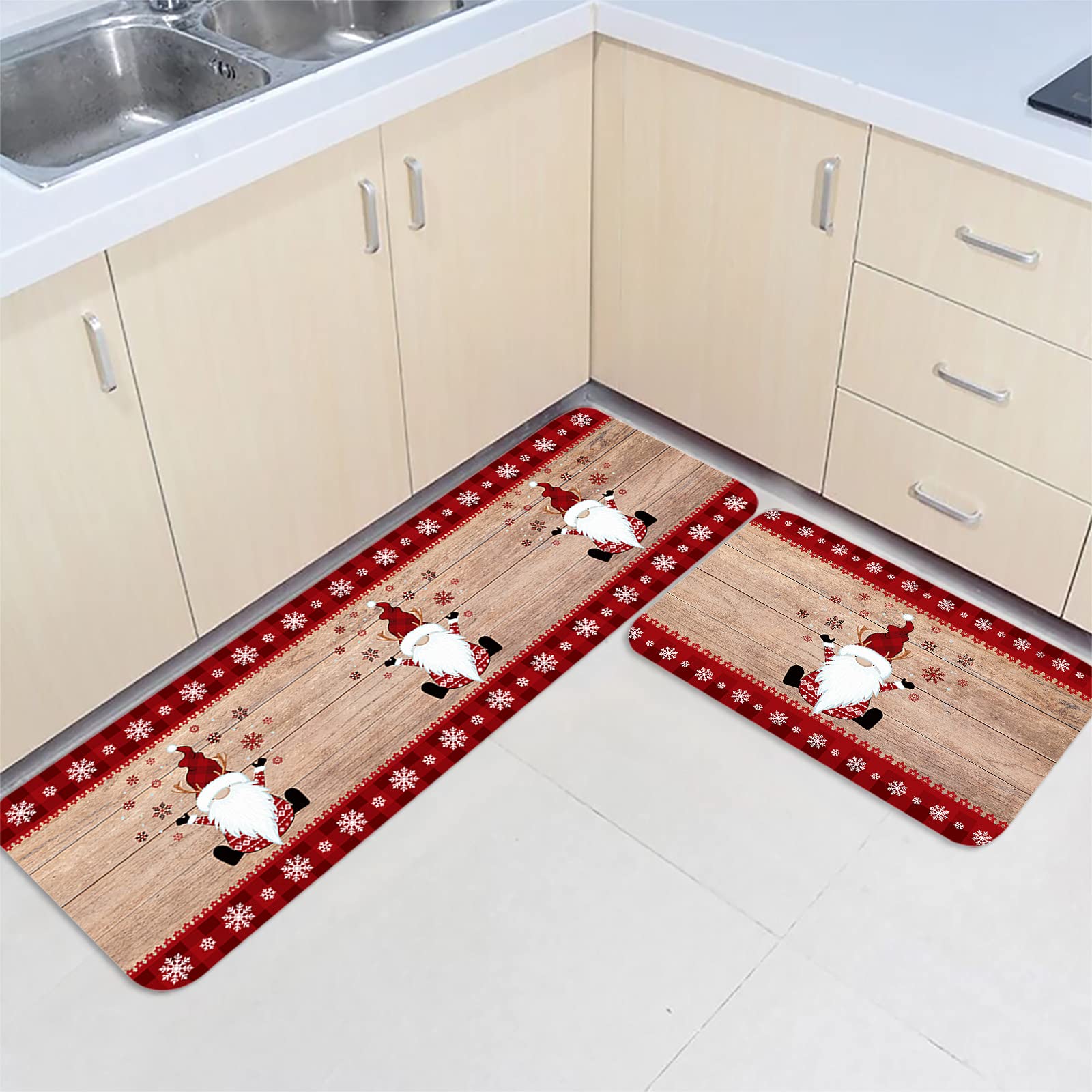 KITHOME Gnome Christmas Kitchen Mats Sets 2 Piece,Xmas Happy Gnome Snowflake Rustic Wooden Grain Kitchen Rugs and Mats Non-Slip Washable Runner Carpets for Christmas Decorations, 20" x 24"+20" x 48"