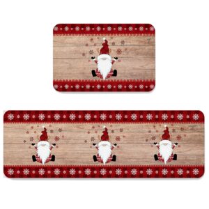 KITHOME Gnome Christmas Kitchen Mats Sets 2 Piece,Xmas Happy Gnome Snowflake Rustic Wooden Grain Kitchen Rugs and Mats Non-Slip Washable Runner Carpets for Christmas Decorations, 20" x 24"+20" x 48"