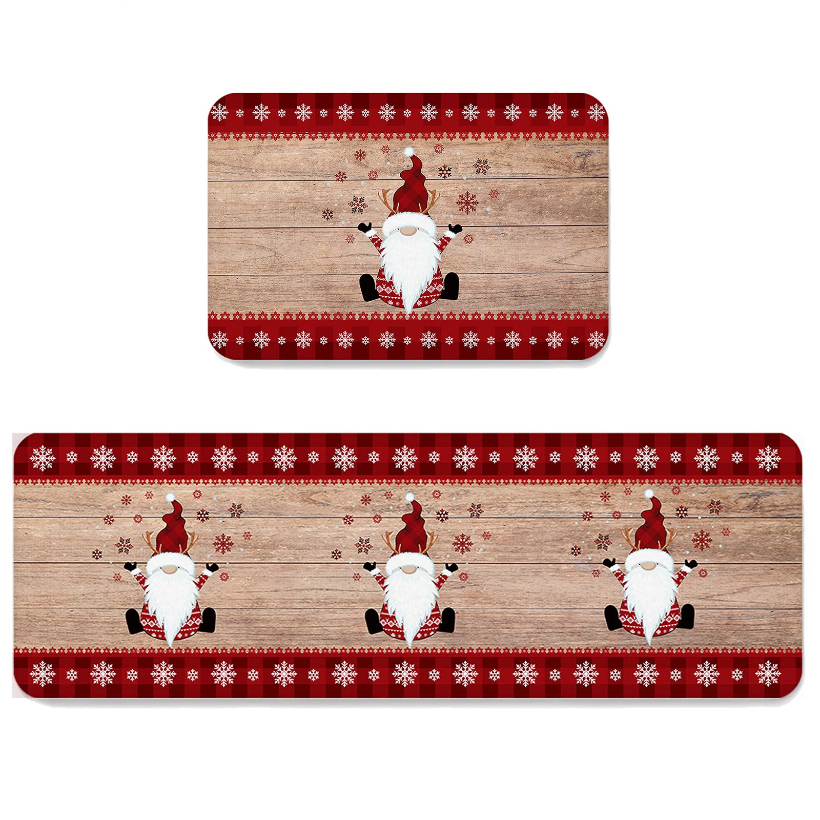 KITHOME Gnome Christmas Kitchen Mats Sets 2 Piece,Xmas Happy Gnome Snowflake Rustic Wooden Grain Kitchen Rugs and Mats Non-Slip Washable Runner Carpets for Christmas Decorations, 20" x 24"+20" x 48"