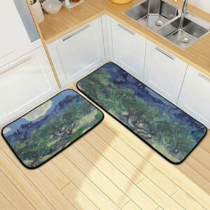 BOENLE Kitchen Rugs and Mats Non Skid Washable Kitchen Rug Set 2 Piece Vintage Forest Art Carpet Ergonomic Comfort Standing Mat for Kitchen,Bathroom, Laundry