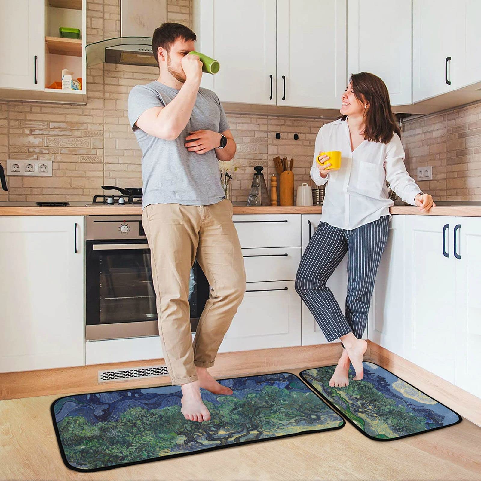 BOENLE Kitchen Rugs and Mats Non Skid Washable Kitchen Rug Set 2 Piece Vintage Forest Art Carpet Ergonomic Comfort Standing Mat for Kitchen,Bathroom, Laundry