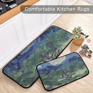 BOENLE Kitchen Rugs and Mats Non Skid Washable Kitchen Rug Set 2 Piece Vintage Forest Art Carpet Ergonomic Comfort Standing Mat for Kitchen,Bathroom, Laundry