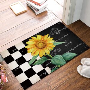 farm floral sunflowers vintage black and white checkered plaids, bathroom shower mat doormat non slip,floor rug absorbent carpets floor mat home decor for kitchen bedroom rug, 16"x 24"