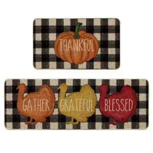artoid mode buffalo plaid pumpkin turkey thanksgiving decorative kitchen mats set of 2, fall home low-profile floor kitchen rugs-17x29 and 17x47 inch