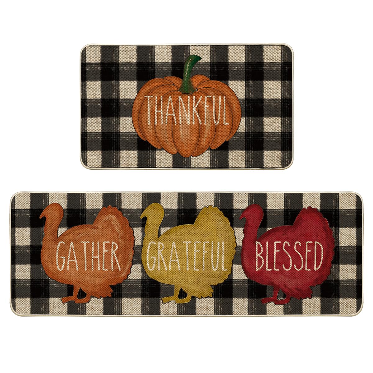 Artoid Mode Buffalo Plaid Pumpkin Turkey Thanksgiving Decorative Kitchen Mats Set of 2, Fall Home Low-Profile Floor Kitchen Rugs-17x29 and 17x47 Inch