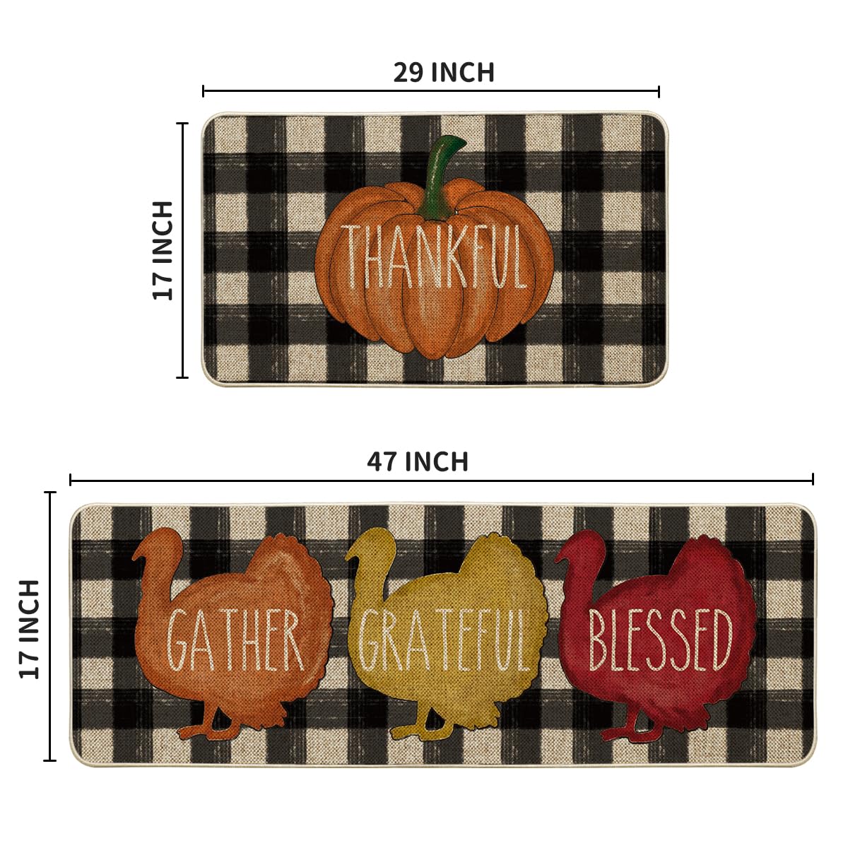 Artoid Mode Buffalo Plaid Pumpkin Turkey Thanksgiving Decorative Kitchen Mats Set of 2, Fall Home Low-Profile Floor Kitchen Rugs-17x29 and 17x47 Inch