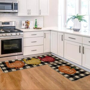 Artoid Mode Buffalo Plaid Pumpkin Turkey Thanksgiving Decorative Kitchen Mats Set of 2, Fall Home Low-Profile Floor Kitchen Rugs-17x29 and 17x47 Inch