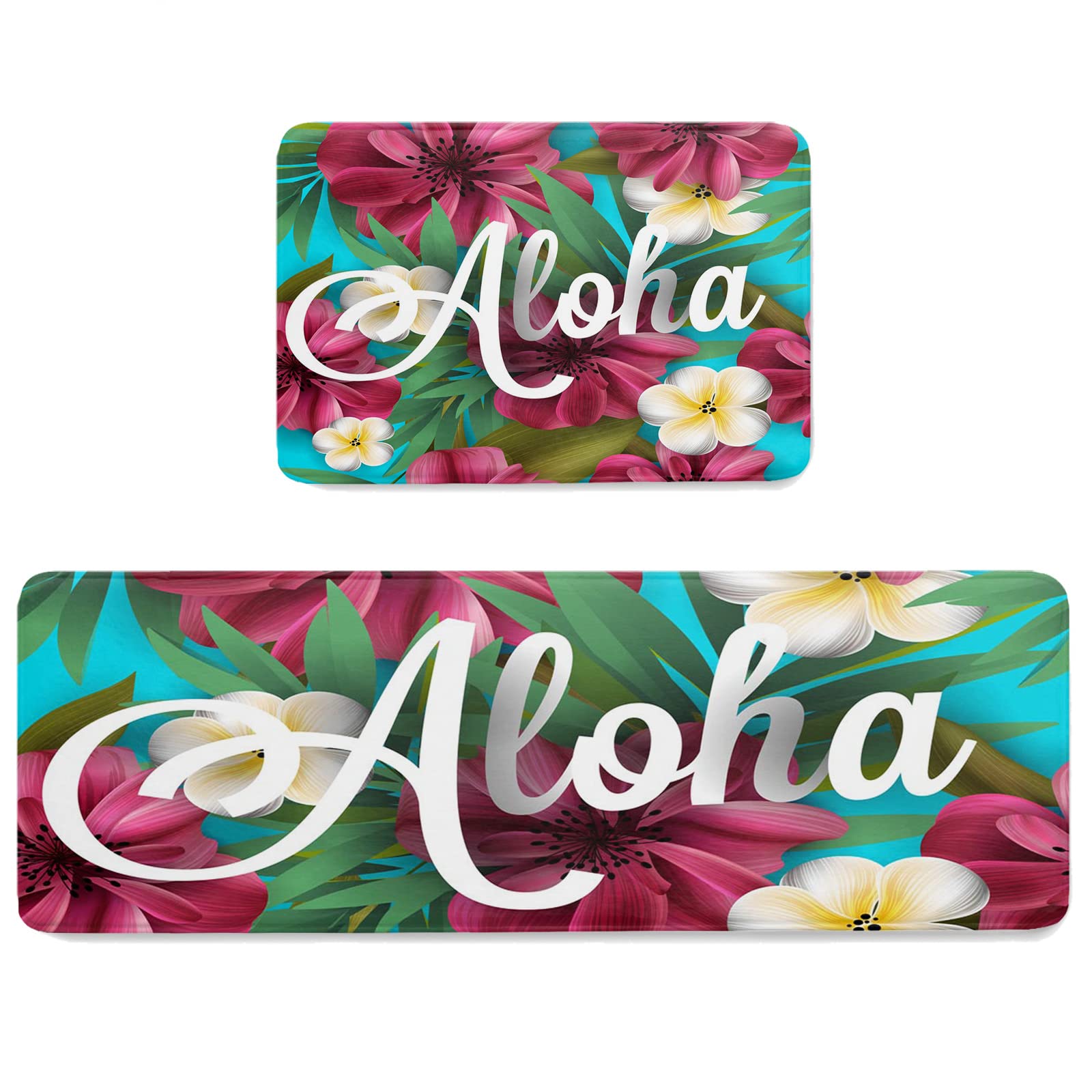 Aloha 2 Pieces Kitchen Rugs and Mats Memory Foam Comfort Mats Anti-Slip Water Absorbent Standing Rug for Kitchen Floors 23.6x35.4in+23.6x70.9in Hawaii Flowers and Palm Leaves Simple Style