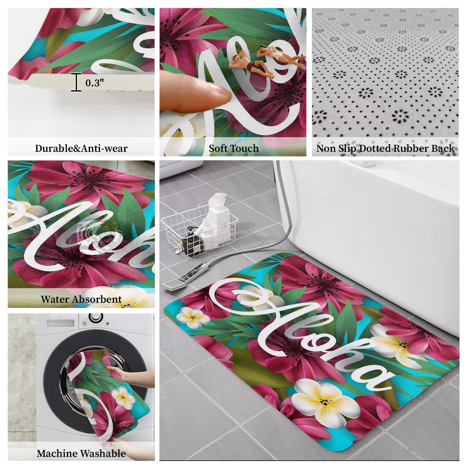 Aloha 2 Pieces Kitchen Rugs and Mats Memory Foam Comfort Mats Anti-Slip Water Absorbent Standing Rug for Kitchen Floors 23.6x35.4in+23.6x70.9in Hawaii Flowers and Palm Leaves Simple Style