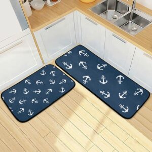 BOENLE Kitchen Rugs and Mats Non Skid Washable Kitchen Rug Set 2 Piece Blue Anchor Carpet Ergonomic Comfort Standing Mat for Kitchen,Bathroom, Laundry