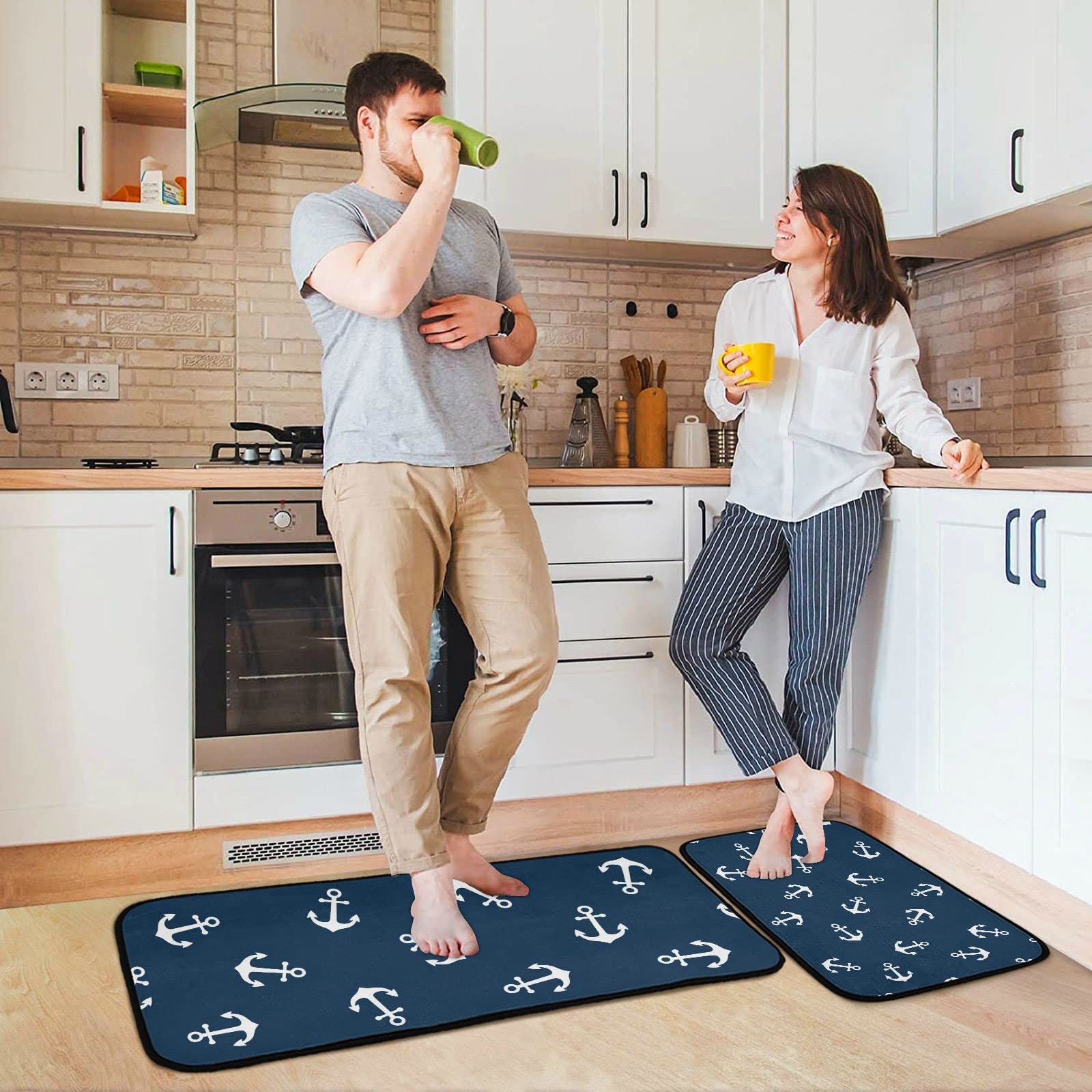 BOENLE Kitchen Rugs and Mats Non Skid Washable Kitchen Rug Set 2 Piece Blue Anchor Carpet Ergonomic Comfort Standing Mat for Kitchen,Bathroom, Laundry