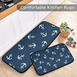 BOENLE Kitchen Rugs and Mats Non Skid Washable Kitchen Rug Set 2 Piece Blue Anchor Carpet Ergonomic Comfort Standing Mat for Kitchen,Bathroom, Laundry