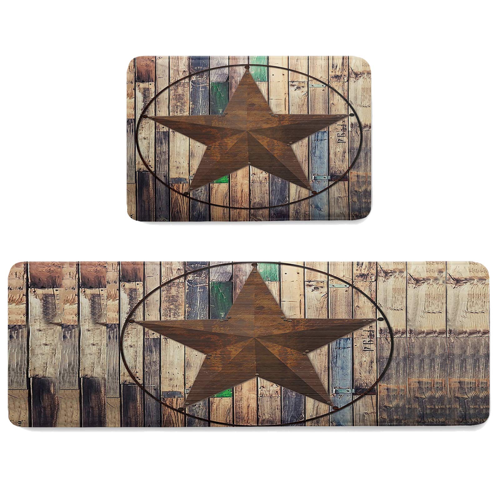 Anti-Fatigue Kitchen Mats Standing Rugs Set of 2 Vintage Western Texas Brown Stars Non-Slip Area Runner Floor Doormat Farm Wooden Plank Washable Cushioned Carpet for Bedroom Bathroom Decor