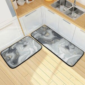 BOENLE Kitchen Rugs and Mats Non Skid Washable Kitchen Rug Set 2 Piece Black Grey Marble Carpet Ergonomic Comfort Standing Mat for Kitchen,Bathroom, Laundry