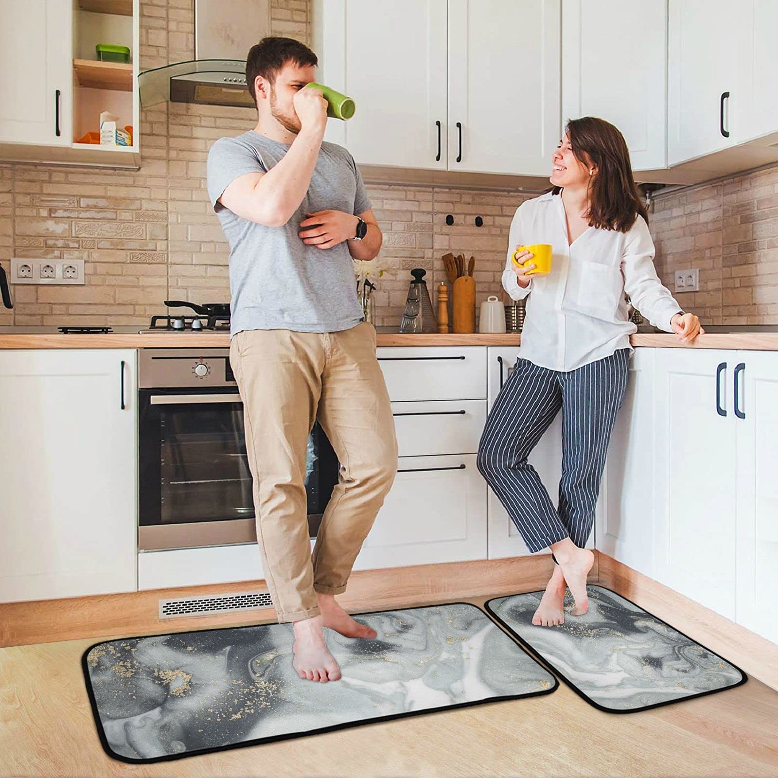 BOENLE Kitchen Rugs and Mats Non Skid Washable Kitchen Rug Set 2 Piece Black Grey Marble Carpet Ergonomic Comfort Standing Mat for Kitchen,Bathroom, Laundry