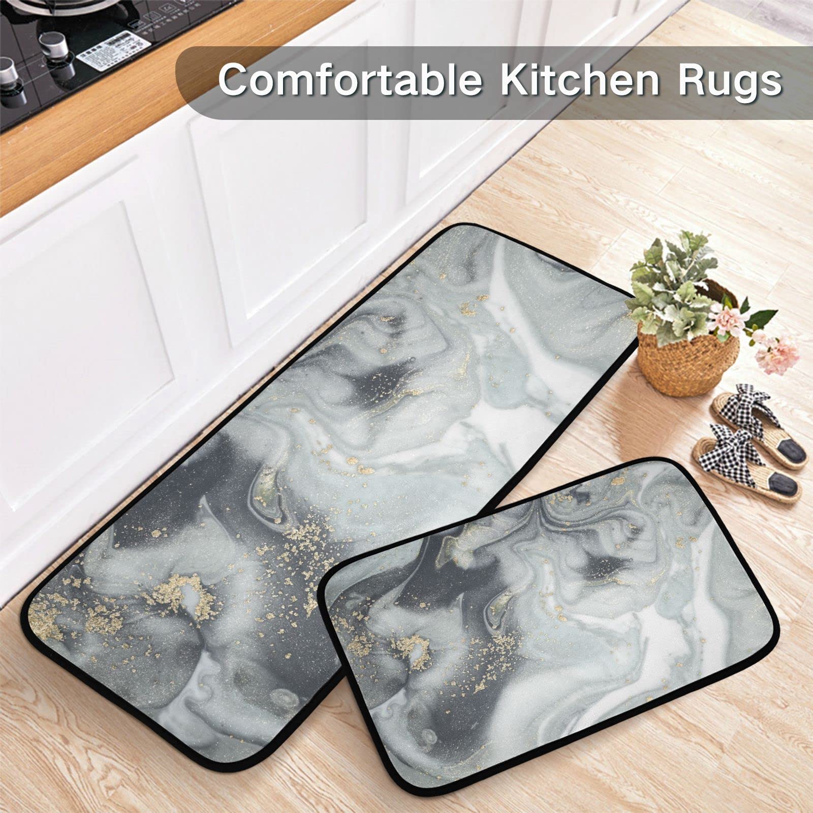 BOENLE Kitchen Rugs and Mats Non Skid Washable Kitchen Rug Set 2 Piece Black Grey Marble Carpet Ergonomic Comfort Standing Mat for Kitchen,Bathroom, Laundry