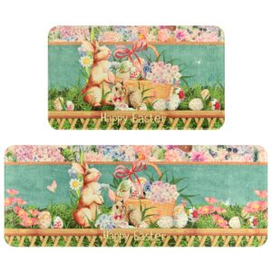 easter kitchen mat 2 pcs, easter egg rabbit kitchen mats and rugs non slip, colorful flower kitchen rugs set of 2 memory foam cushioned anti fatigue mat easter day decor, 47'' x 17'' + 30'' x 17''