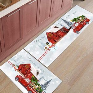 2 piece farm animal kitchen rug set merry christmas indoor floor mats for winter, xmas door mat runner rug carpet mat for kitchen home decor (15.7" x 23.6"+15.7" x 47.2") - red truck snowy retro barn