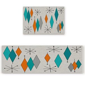 kitchen rug set europen modern mid century 2 piece non-slip kitchen floor mat rubber back retro prismatic soft indoor bathroom doormat runner rug carpet set (15.7"x23.6"+15.7"x47.2")