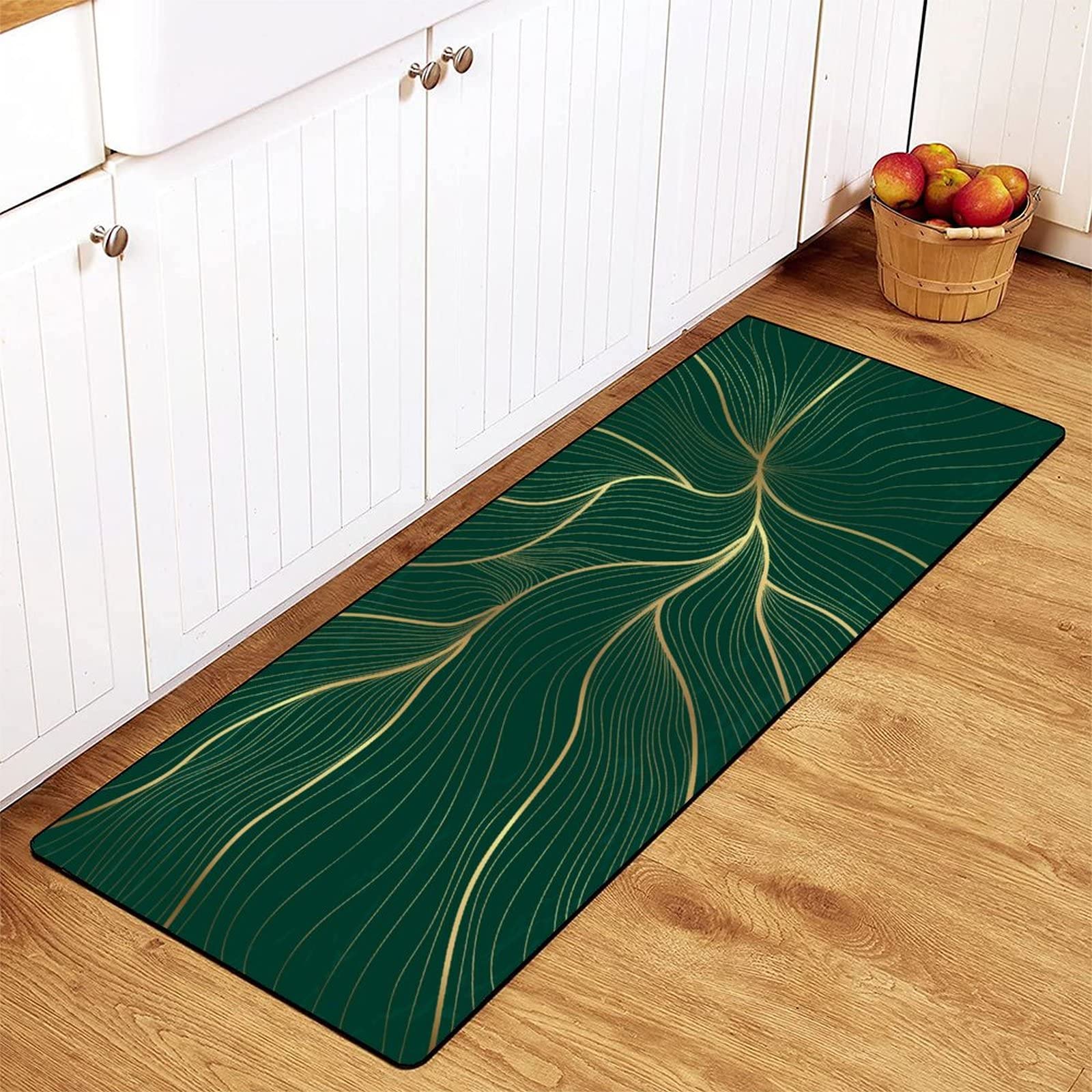 TsyTma Kitchen Rugs Green Marble Non-Slip Soft Kitchen Mats Gold Glitter Thread Art Bath Rug Runner Doormats Carpet for Home Decor, 39" X 20"