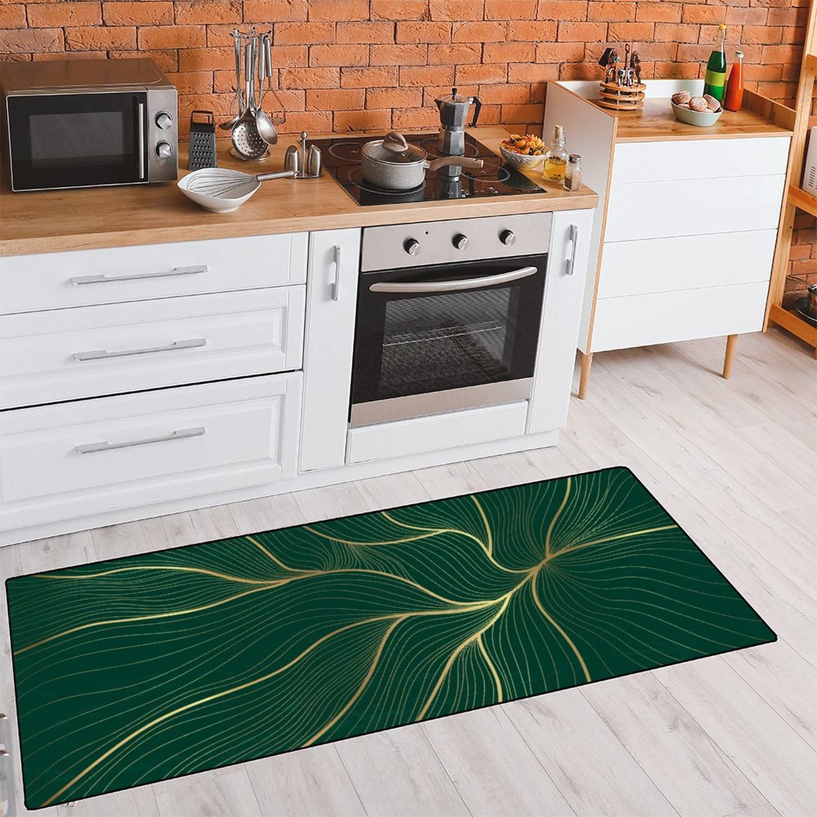 TsyTma Kitchen Rugs Green Marble Non-Slip Soft Kitchen Mats Gold Glitter Thread Art Bath Rug Runner Doormats Carpet for Home Decor, 39" X 20"