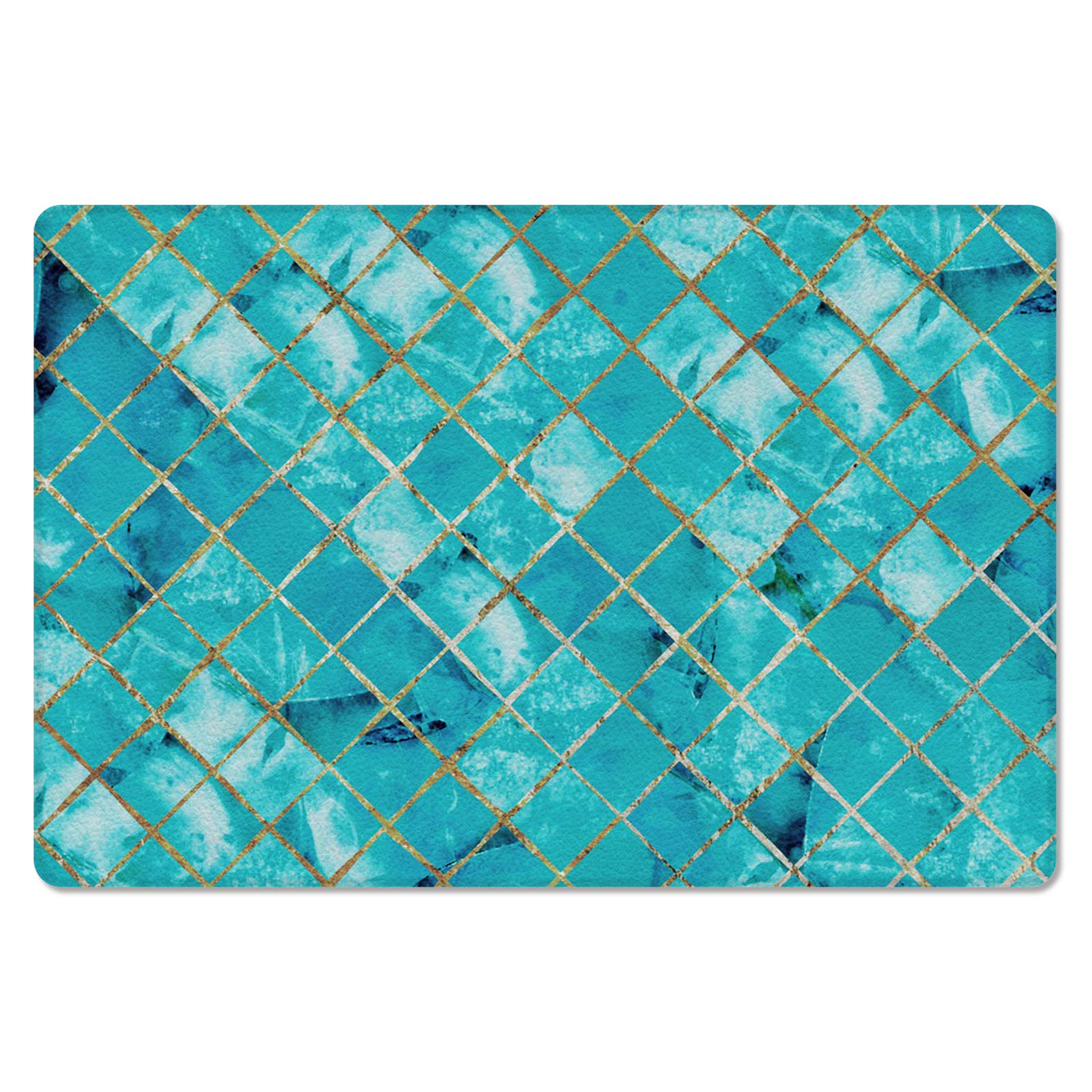 Gold Plaid Antifatigue Kitchen Bath Door Mat Cushioned Runner Rug,Washable Welcome Floor Sink Mat,Abstract Marble Green Blue Waterproof & Non-Slip Comfort Standing Doormat for Kitchen,18"x59"