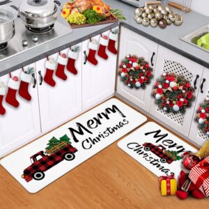 christmas kitchen rug set 2 pieces white cushioned kitchen floor mats comfort soft standing doormat, non slip kitchen rugs and runner merry christmas tree red and black check lattice truck