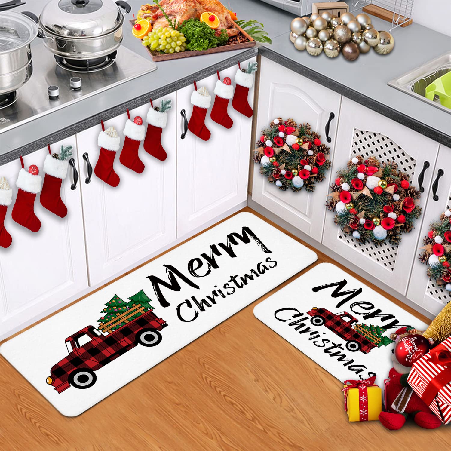 Christmas Kitchen Rug Set 2 Pieces White Cushioned Kitchen Floor Mats Comfort Soft Standing Doormat, Non Slip Kitchen Rugs and Runner Merry Christmas Tree Red and Black Check Lattice Truck