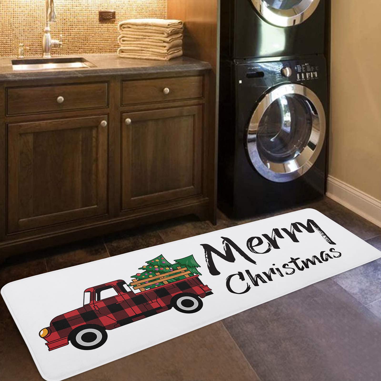 Christmas Kitchen Rug Set 2 Pieces White Cushioned Kitchen Floor Mats Comfort Soft Standing Doormat, Non Slip Kitchen Rugs and Runner Merry Christmas Tree Red and Black Check Lattice Truck