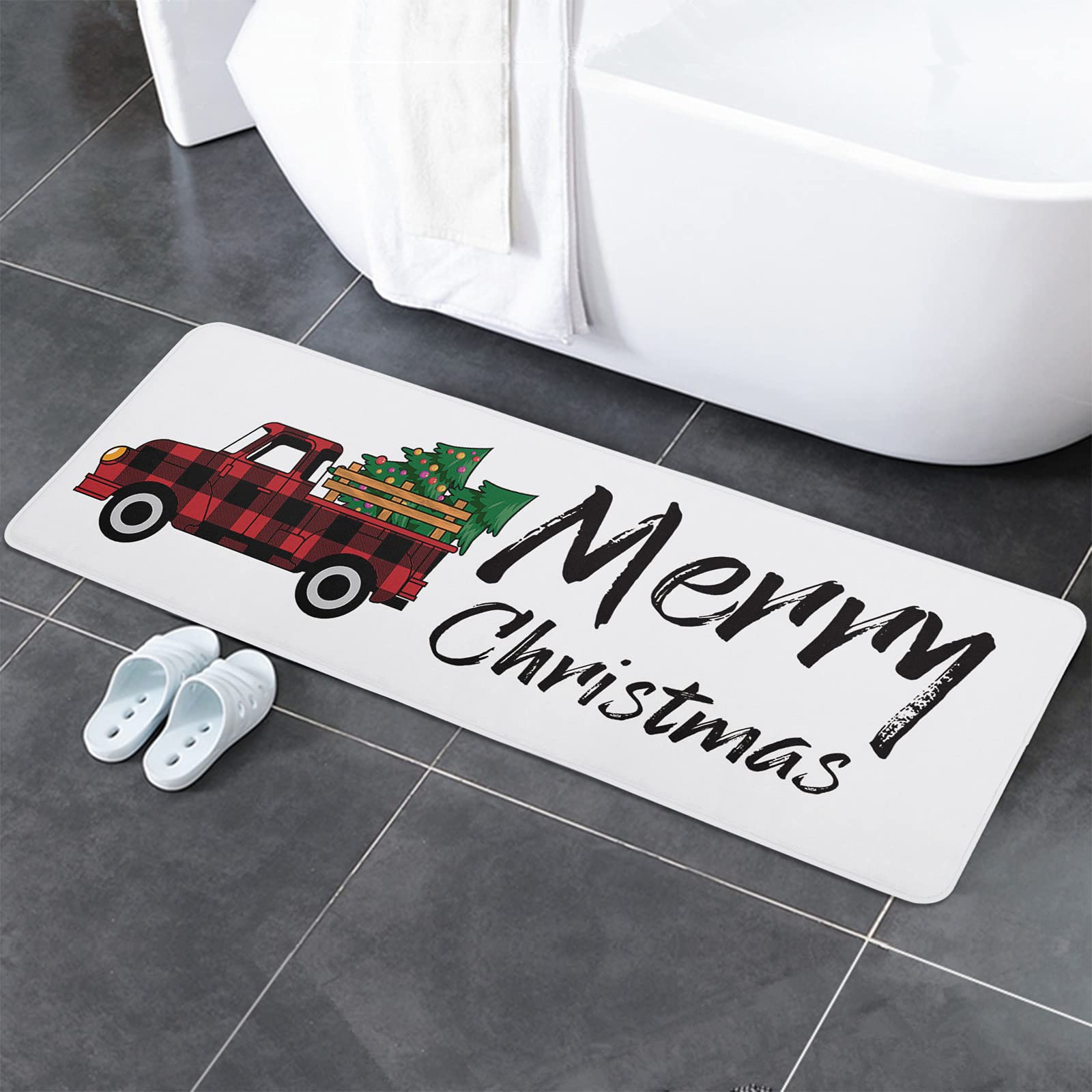 Christmas Kitchen Rug Set 2 Pieces White Cushioned Kitchen Floor Mats Comfort Soft Standing Doormat, Non Slip Kitchen Rugs and Runner Merry Christmas Tree Red and Black Check Lattice Truck