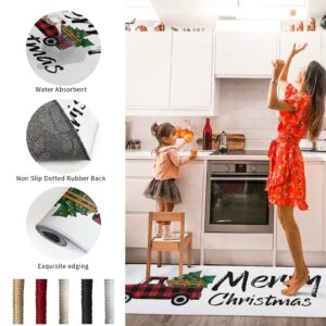 Christmas Kitchen Rug Set 2 Pieces White Cushioned Kitchen Floor Mats Comfort Soft Standing Doormat, Non Slip Kitchen Rugs and Runner Merry Christmas Tree Red and Black Check Lattice Truck