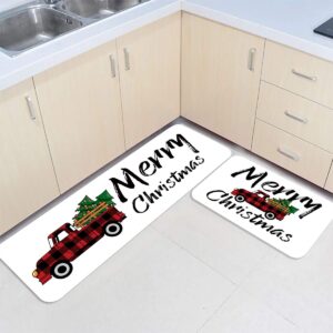 Christmas Kitchen Rug Set 2 Pieces White Cushioned Kitchen Floor Mats Comfort Soft Standing Doormat, Non Slip Kitchen Rugs and Runner Merry Christmas Tree Red and Black Check Lattice Truck