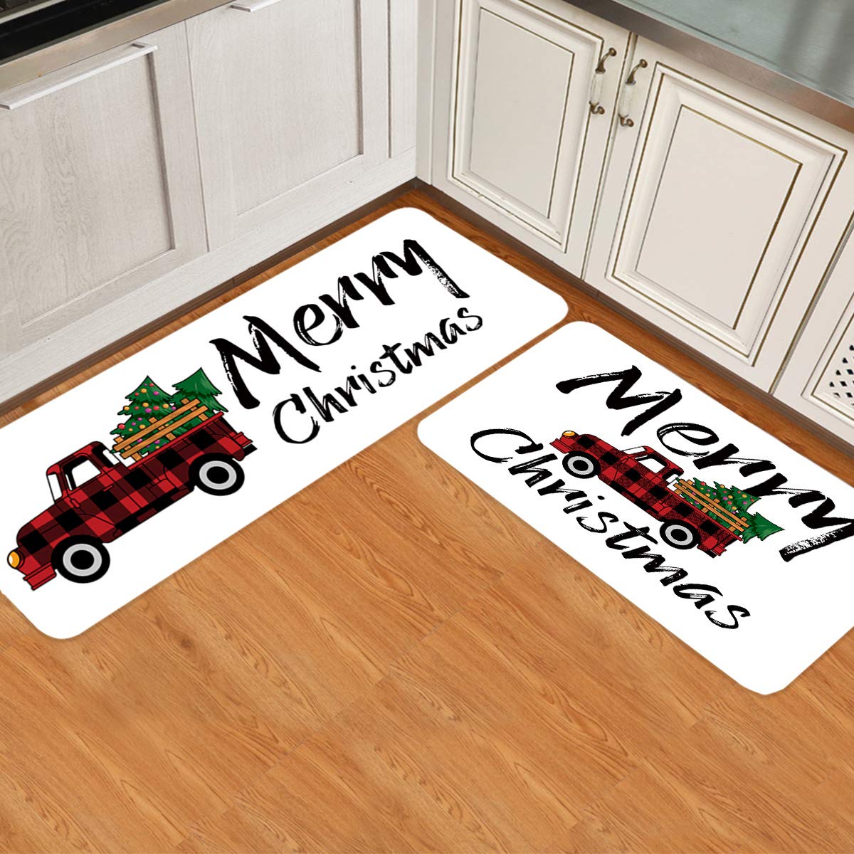 Christmas Kitchen Rug Set 2 Pieces White Cushioned Kitchen Floor Mats Comfort Soft Standing Doormat, Non Slip Kitchen Rugs and Runner Merry Christmas Tree Red and Black Check Lattice Truck