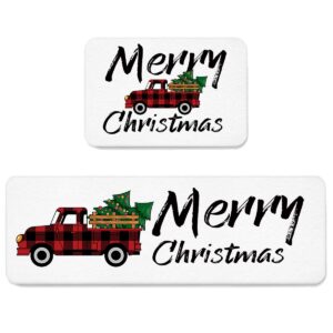 Christmas Kitchen Rug Set 2 Pieces White Cushioned Kitchen Floor Mats Comfort Soft Standing Doormat, Non Slip Kitchen Rugs and Runner Merry Christmas Tree Red and Black Check Lattice Truck