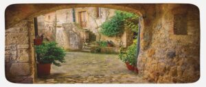 lunarable scenery kitchen mat, landscape from another door antique style stone village tuscany italian valley, plush decorative kitchen mat with non slip backing, 47" x 19", pale brown