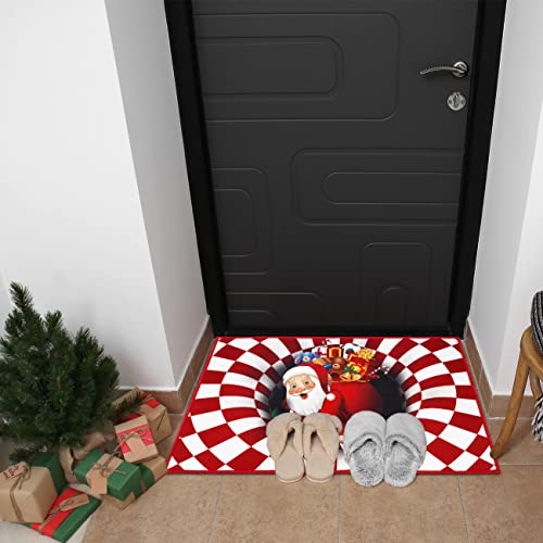 Illusion Christmas Door Mat Xmas Santa Claus with Gifts 3D Visual Vortex Red and White Plaid Rug for Christmas Front Door Non-Slip Welcome Entrance Door Mat Kitchen Home Bathroom Carpet Decorations