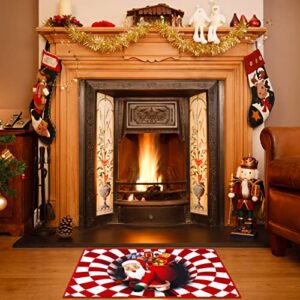 Illusion Christmas Door Mat Xmas Santa Claus with Gifts 3D Visual Vortex Red and White Plaid Rug for Christmas Front Door Non-Slip Welcome Entrance Door Mat Kitchen Home Bathroom Carpet Decorations