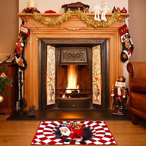 Illusion Christmas Door Mat Xmas Santa Claus with Gifts 3D Visual Vortex Red and White Plaid Rug for Christmas Front Door Non-Slip Welcome Entrance Door Mat Kitchen Home Bathroom Carpet Decorations