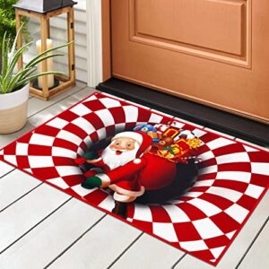 illusion christmas door mat xmas santa claus with gifts 3d visual vortex red and white plaid rug for christmas front door non-slip welcome entrance door mat kitchen home bathroom carpet decorations